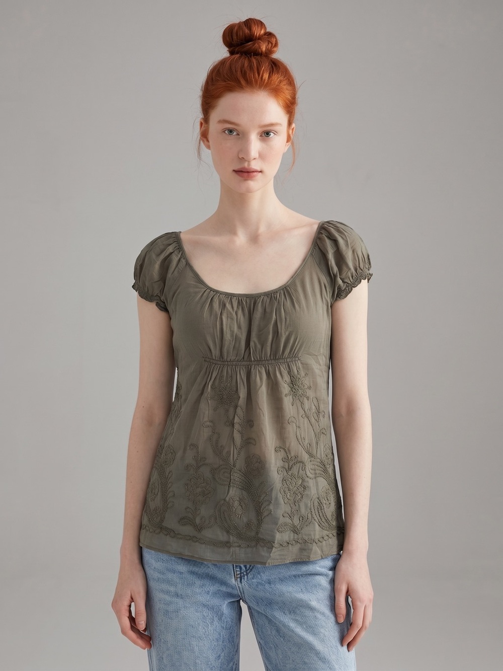 Vintage Y2K Studio M Olive Puff-Sleeve Embroidered Blouse. Whimsygoth. Fairy. M